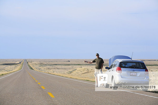 Mann per Anhalter unterwegs eine einsame Prärie nach seinem Auto  Alberta  Kanada ausfällt