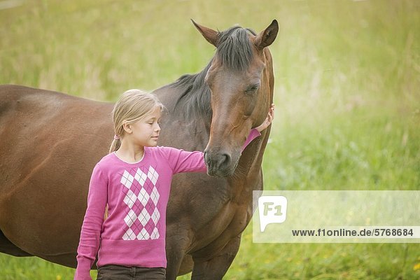 Girl and Quarter Horse  Traishof  Koenigsbach-Stein  Baden-Wuerttemberg  Germany  Europe
