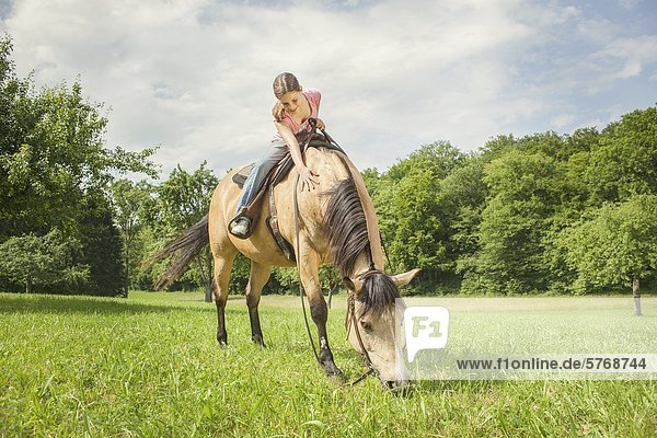 Girl sitting on Paint Horse  Traishof  Koenigsbach-Stein  Baden-Wuerttemberg  Germany  Europe