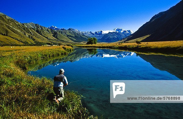 Man fly fishing  Ahuriri River  South Island  New Zealand