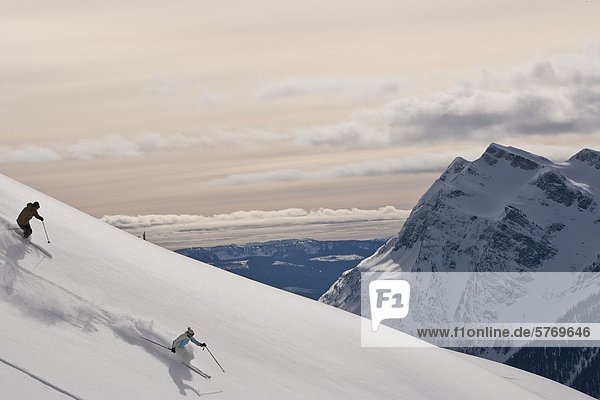 Young man skiing fresh powder in the Selkirk Range near the Fairy Meadows backcountry hut  British Columbia  Canada.