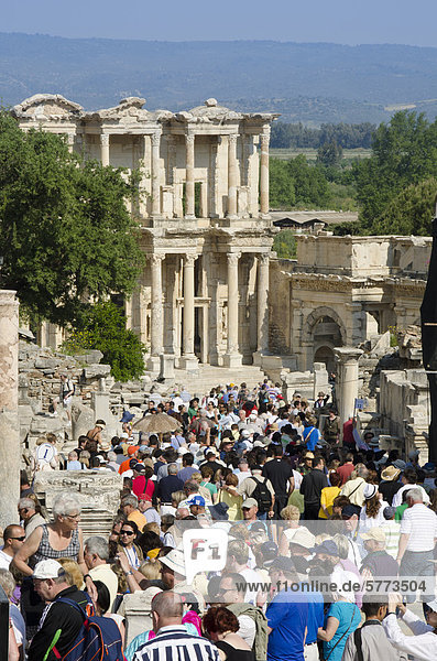 Hordes of tourists at Ephesus  an ancient Greek city  and later a major Roman city  on the west coast of Asia Minor  near present-day Selçuk  Izmir Province  Turkey