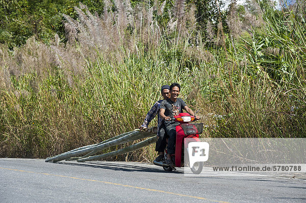 Two men riding on a motorbike  bamboo transportation  Northern Thailand  Thailand  Asia