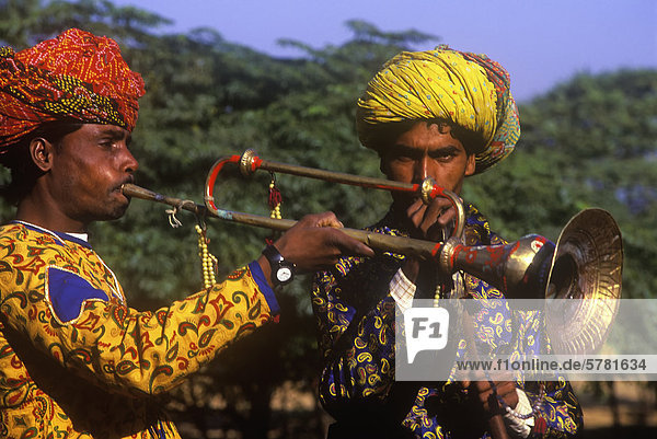 Wandernde Musiker auf der Pushkar Camel Fair in Pushkar  Rajasthan  Indien.