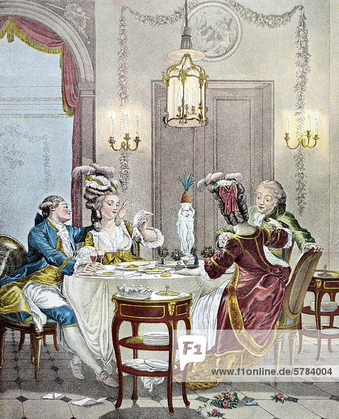 Erotisches Abendessen  französischer Farbstich  18. Jahrhundert