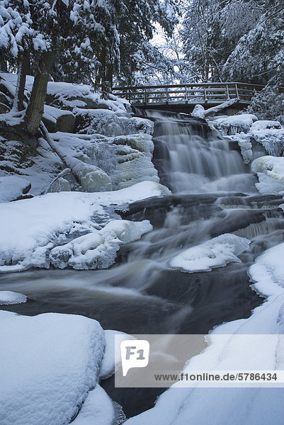 Wenig hohe Wasserfälle und Fußgängerbrücke im Winter in der Nähe von Bracebridge  Ontario