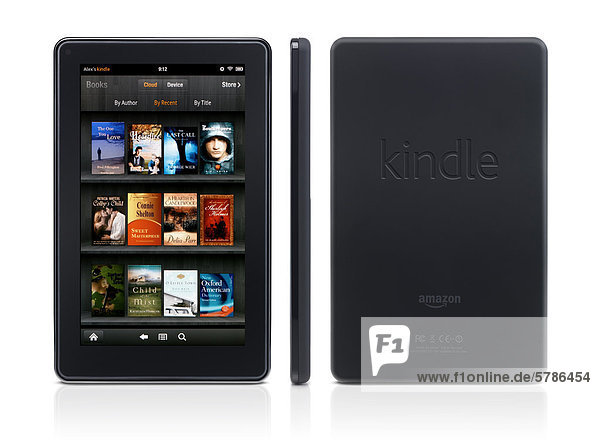Amazon Kindle Fire Tablet Computer e-Book-Reader Vorderansicht Rück- und isoliert auf weißem Hintergrund mit Beschneidungspfad