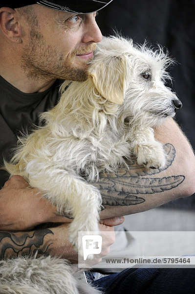 Mongrel terrier  one year  in the arms of his tattooed owner