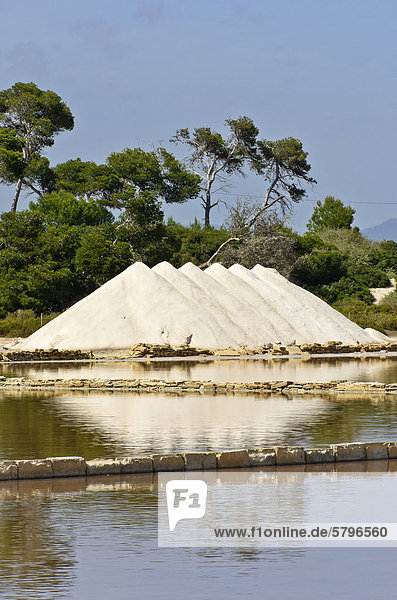 Piles of salt in the salt flats near Colonia Sant Jordi  Majorca  Balearic Islands  Spain  Europe