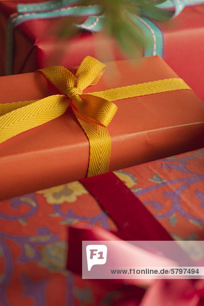 Festively wrapped Christmas gifts  close-up