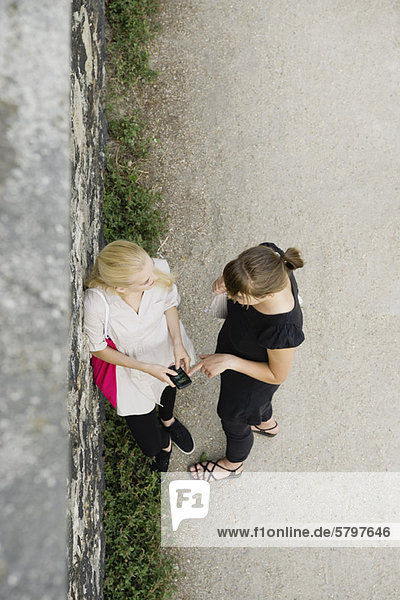Junge Frauen  die das Handy gemeinsam im Freien anschauen  Blick nach oben