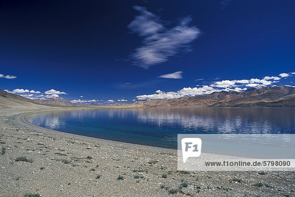 Ufer hochgelegener Bergsee Tso Moriri oder Tsomoriri Changtang oder Changthang Ladakh indischer Himalaya Jammu und Kaschmir Nordindien Indien Asien