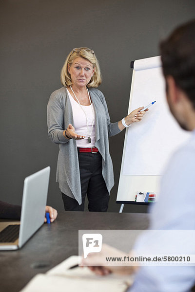 Businesswoman explaining while using whiteboard in meeting