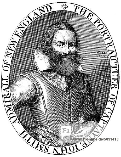 Historical drawing from the U.S. history of the 17th century  portrait of Captain John Smith  1580 - 1631  English mercenary  adventurer and founder of Jamestown  the first permanent English settlement in North America