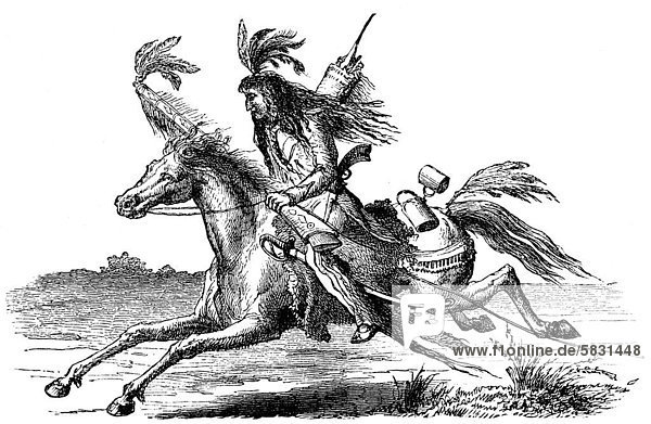 Historische Zeichnung aus der US-amerikanischen Geschichte  Indianer im 17. Jahrhundert