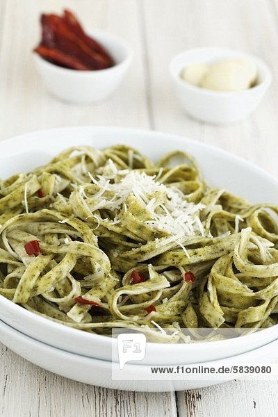 Ramson tagliatelle with dried chilli peppers  garlic and Parmesan cheese