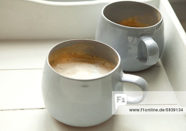 Two Mugs of Cappuccino on a Wooden Tray