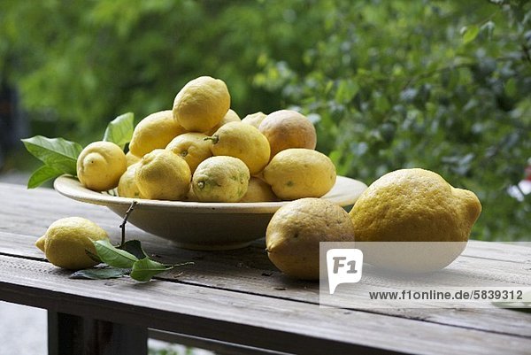 Zitronen in Schale auf Holzbank im Freien