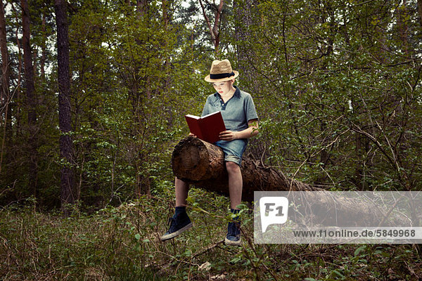 Boy sitting on tree trunk reading book