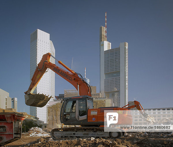 Bulldozer in front of high rise  Frankfurt am Main  Hesse  Germany  Europe