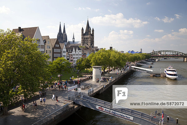 Bank of the Rhine river and the historic district  Great St. Martin Church and Cologne Cathedral  Cologne  Rhineland  North Rhine-Westphalia  Germany  Europe  PublicGround