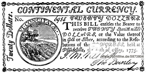 Historische Zeichnung aus der US-amerikanischen Geschichte im 18. Jahrhundert  Faksimile  nord-amerikanisches Papiergeld  20 Dollar-Schein  1775