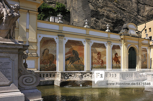 Pferdeschwemme  aus dem 17. Jahrhundert  mit Pferdefresken von Josef Ebner sowie der Skulptur eines Pferdebändigers  links im Anschnitt  von Bernhard Michael Mandl  gestaltet  Salzburg  Österreich  Europa
