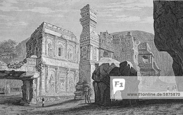 Historische Illustration  Felsen-Tempel zu Ellora  Maharashtra  Indien  Asien  Stahlstich von Grünewald um 1850