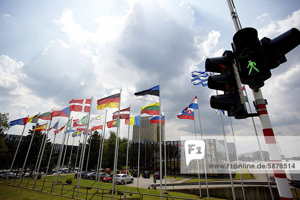 Grüne Ampel vor den Flaggen der Mitgliedsstaaten der Europäischen Union vor dem Gebäude der Europäischen Kommission in Luxemburg  Europa