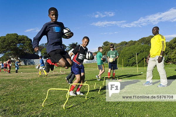 Football training of a youth team  Cape Town  South Africa  Africa