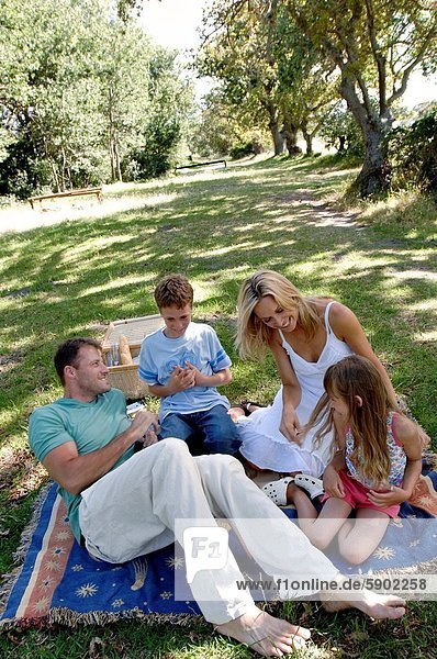 Mid adult couple with their two children on a picnic blanket