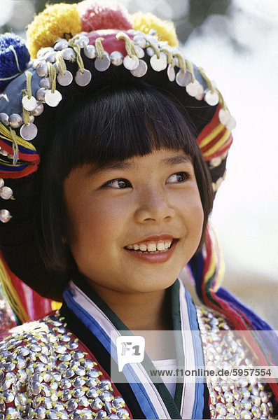 Little Thai girl in Hill Tribe costume  Chiang Rai  Thailand  Southeast Asia  Asia