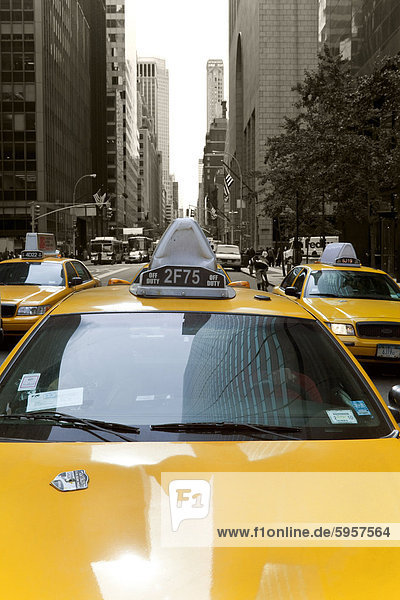 Gelbes Taxi entlang der Fifth Avenue  Uptown Manhattan  New York City  New York  Vereinigte Staaten von Amerika  Nordamerika