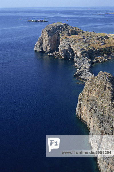 Europa Felsen Küste Insel Ansicht Luftbild Fernsehantenne Bucht Dodekanes Griechenland Griechische Inseln Rhodos