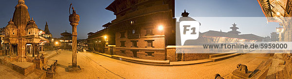 Durbar Square im Morgengrauen  einschließlich eine Statue von König Yoganendra Malla auf einer steinernen Spalte  der königliche Palast  jetzt Patan Museum und der Backstein-Basis von der Hari Shankar Mandir  UNESCO-Weltkulturerbe  Patan  Kathmandu  Nepal  Asien
