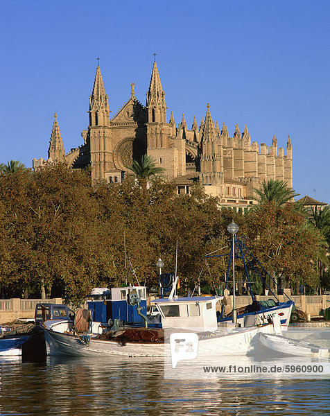 Boote am Ufer unterhalb der Kathedrale von Palma  auf Mallorca  Balearen  Spanien  Mediterranean  Europa