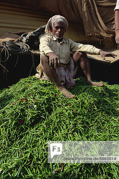 Vendor and green chilli peppers  Varanasi  Uttar Pradesh state  India  Asia