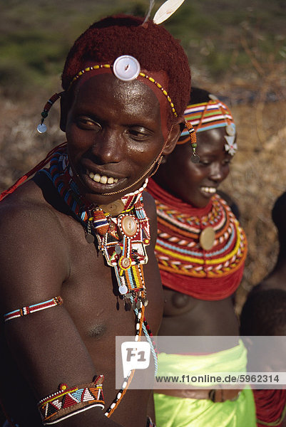 Samburu boy and girl wearing traditional beads  Sererit  Kenya  East Africa  Africa