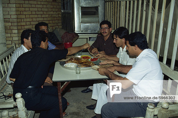 Porträt einer Gruppe von Männern Freunde Essen von Mazgouf  ein Fischgericht  Bagdad  Irak  Naher Osten