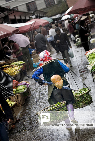 Frau trägt produzieren  vermarkten  Dali alte Stadt  Dali  Yunnan  China  Asien