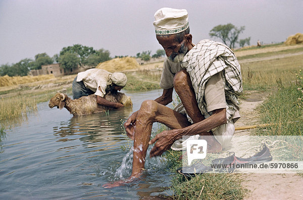 Zwei ältere Männer waschen in einer Bewässerung Graben in einem Dorf im Punjab  Pakistan  Asien