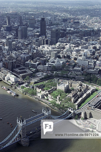 Aerial of Tower Bridge  Tower of London and the City of London  London  England  United Kingdom  Europe