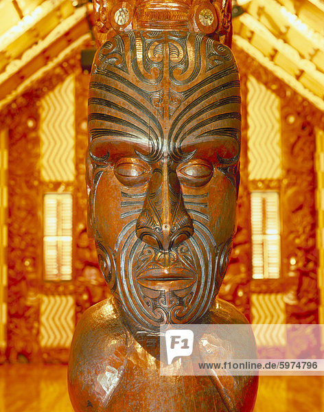 Maori statue with 'Moko' facial tattoo  New Zealand  Pacific