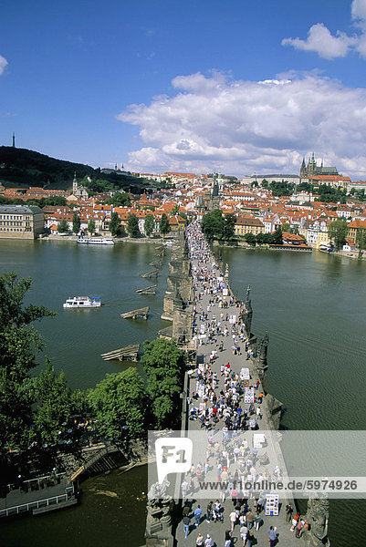 View of Charles Bridge over Vltava River from Old Town Bridge Tower  Prague  Czech Republic  Europe