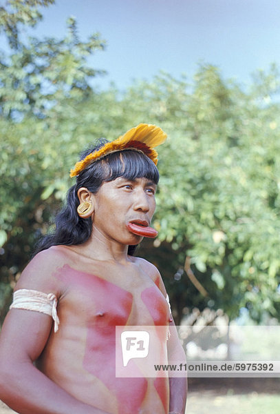 Suya indischen Mann mit Lip-Platte  Xingu  Brasilien  Südamerika (1971)