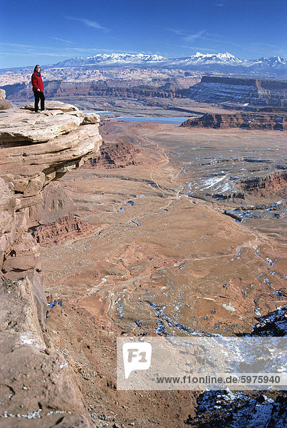 Cliff edge 300m above red desert basin  with winter snow on La Sal Mountains beyond  Dead Horse Point State Park  Utah  United States of America (U.S.A.)  North America