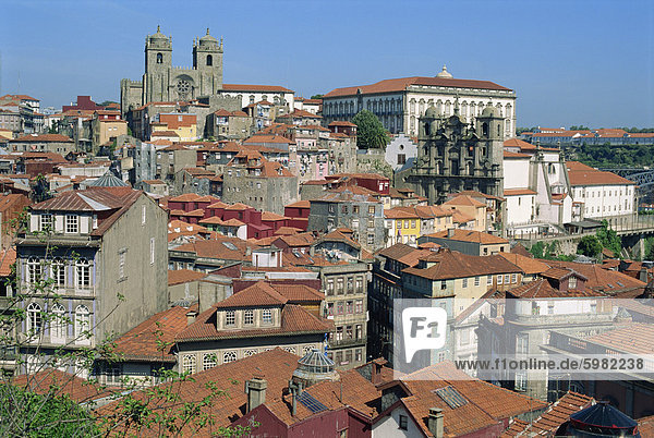 City skyline with houses  churches and cathedral above left  in Oporto  Portugal  Europe