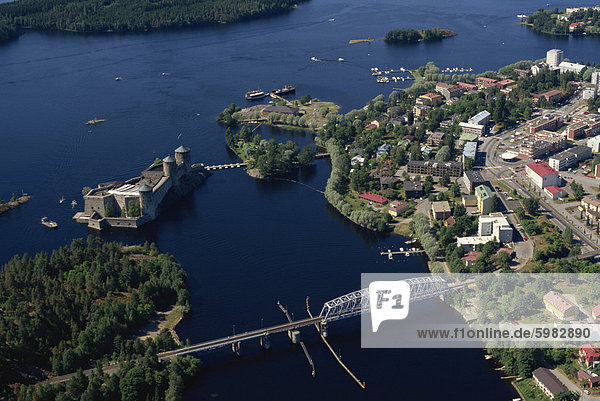 Aerial view of Olavinlinna Castle  Savonlinna  Finland  Scandinavia  Europe