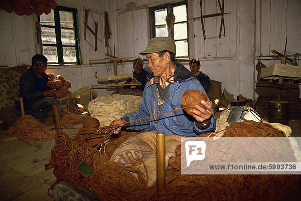 Portrait of a Tibetan man spinning wool in a carpet factory at a self-help centre in Darjeeling  India  Asia