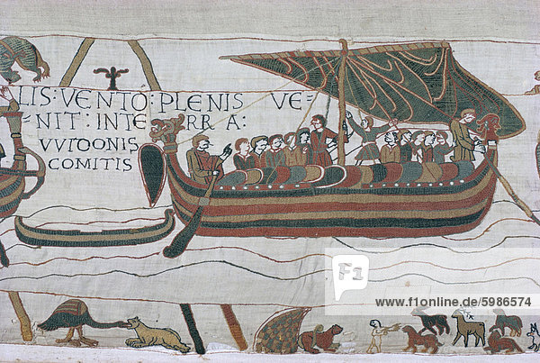 Harold steuert Schiff über den Kanal  eine Szene aus dem Teppich von Bayeux  Bayeux  Normandie  Frankreich  Europa